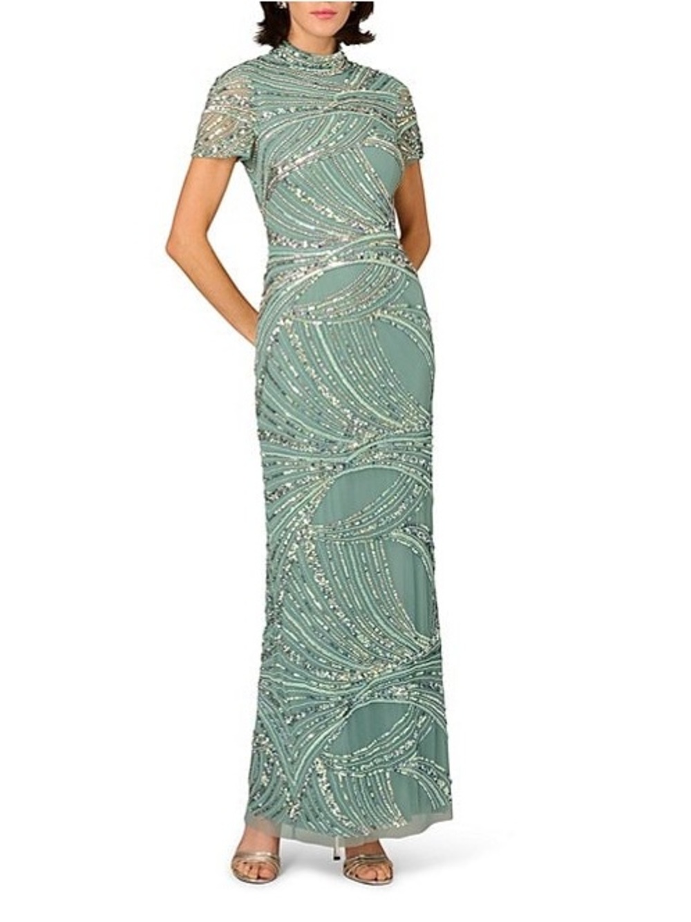 NWT Aidan Mattox Sage Beaded High-Neck Maxi Gown